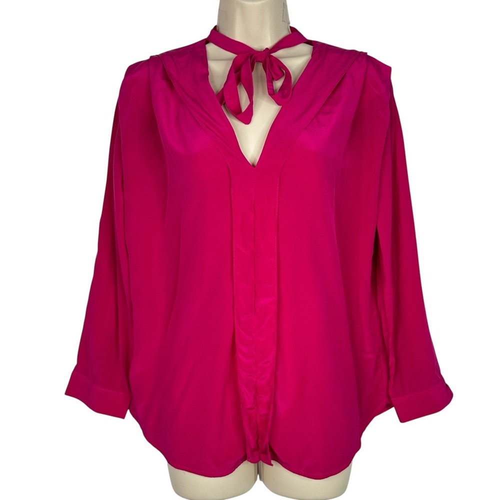 Sandro Paris Blouse Womens Sz 6 Fuchsia Pink Silk Long Sleeve Tie Neck Shirt Top
